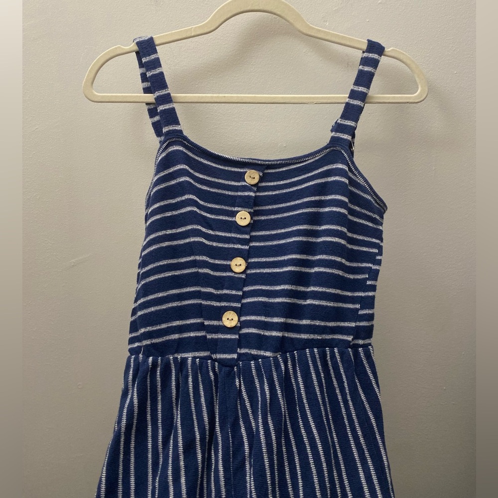 Navy blue and white striped jumpsuit, size M